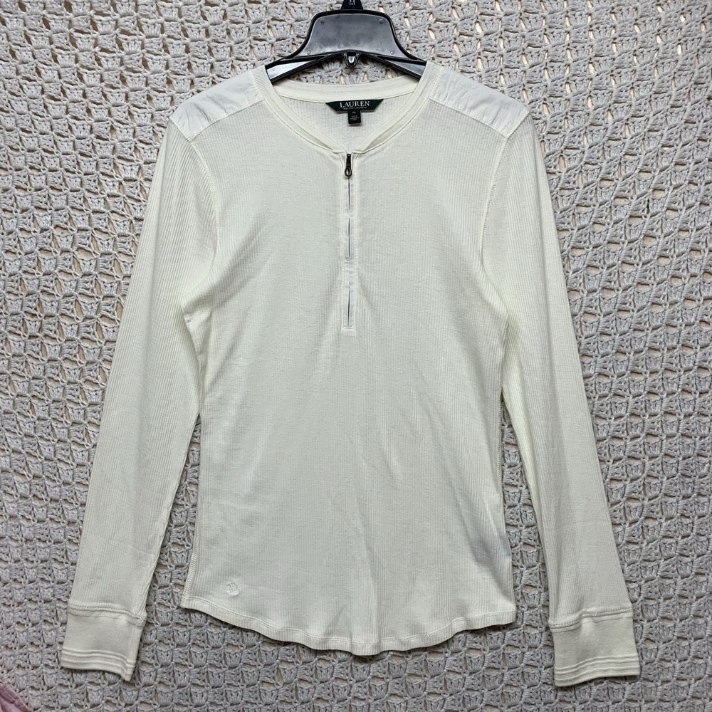 LRL Lauren Ralph Lauren sweater Women's XL Beige Cream 1/4 Zip Long Sleeve Cotto